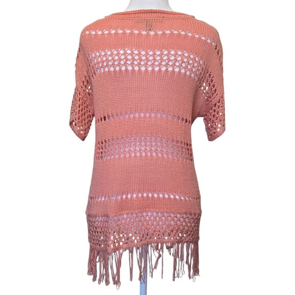 Fever Terracotta Shell Open Knit Crochet Top Small Boho Fringe Hem NWT - Picture 3 of 12